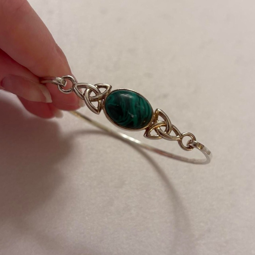 925 Sterling Silver Celtic Knot Faux Malachite Stone Skinny Cuff Bangle Bracelet